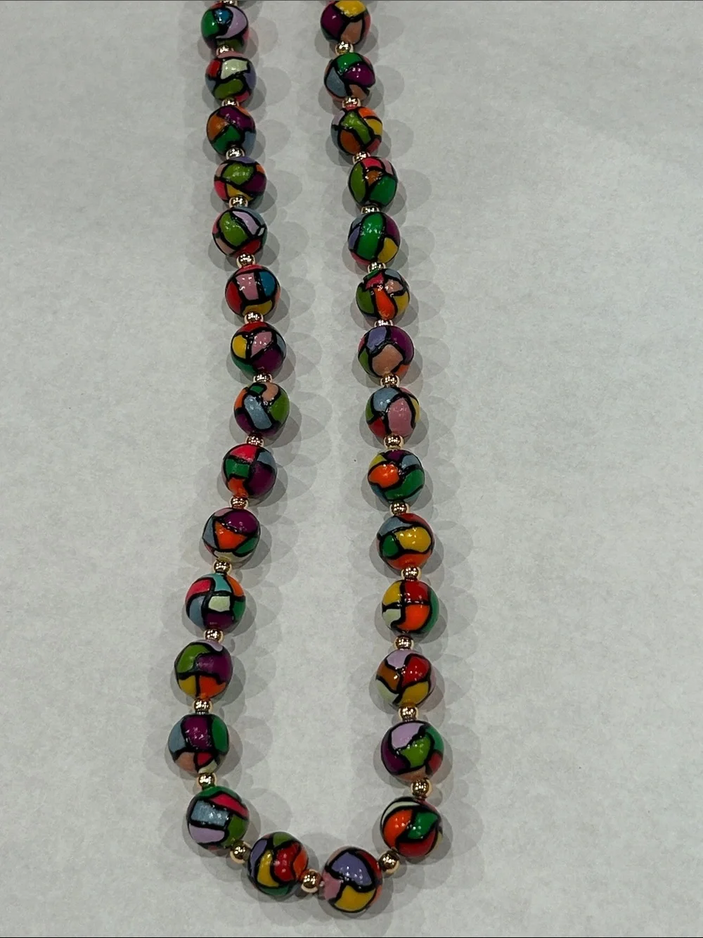 Vintage stained glass Beaded glow party 80s Necklace Gold Accent Beads long 30”